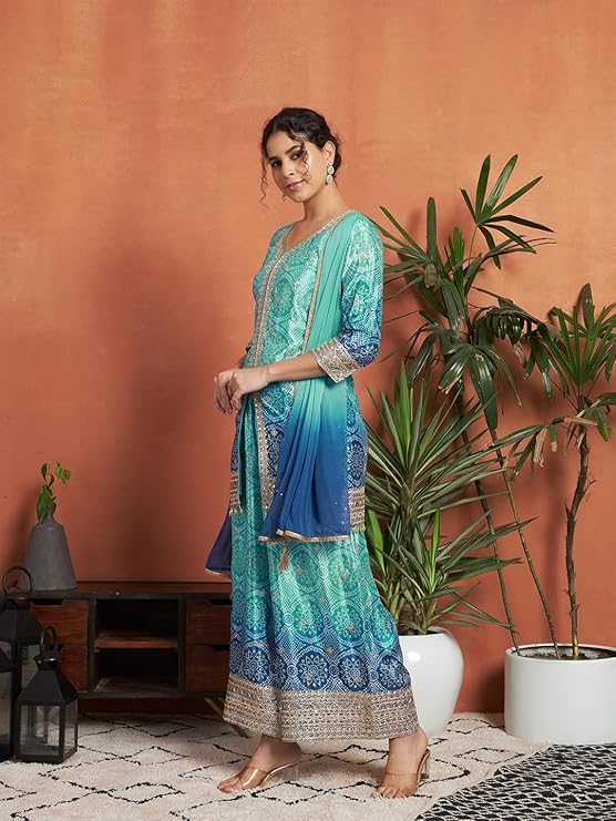 Women's Silk Blend Bandhani Kurta and Palazzo Set